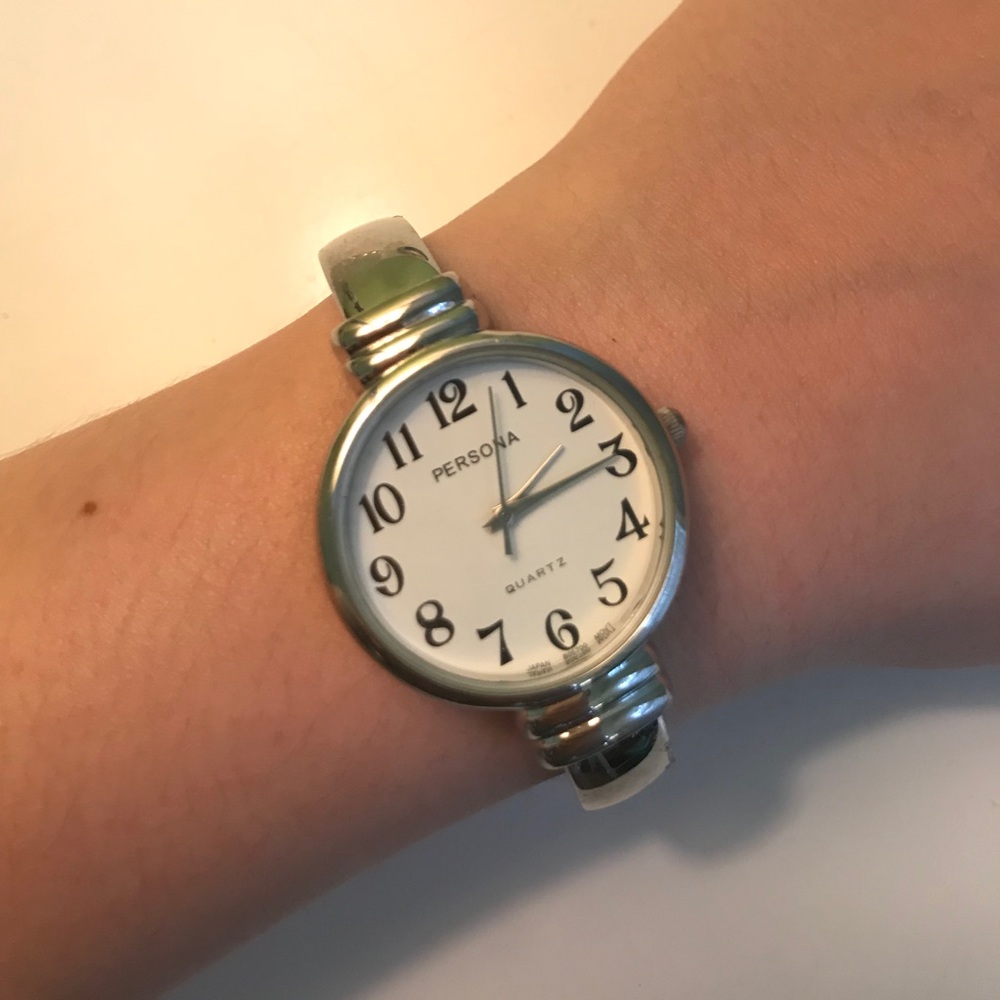Persona Silver Cuff Watch White Face Black Numbers Jewelry Style